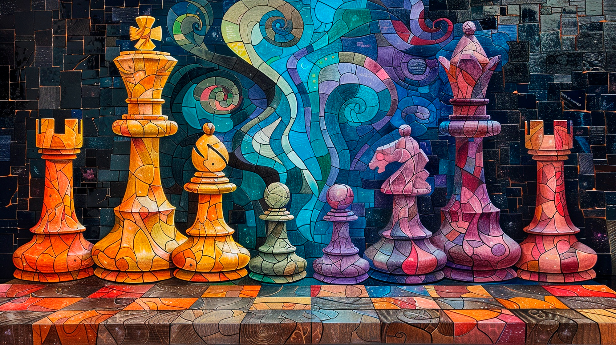 A mosaic image of a chess board and pieces that is in grayscale until you hover, which brings in the color. The chess concept represents strategy, and the hover effect represents execution.